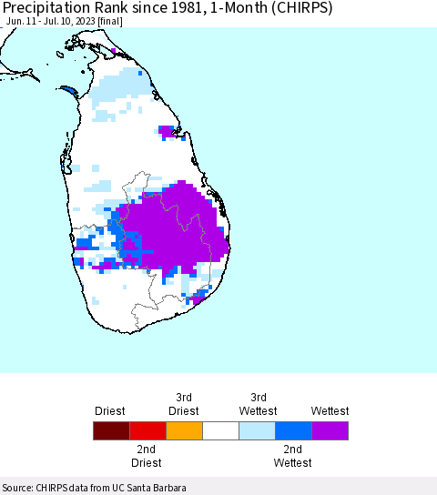 Sri Lanka Precipitation Rank since 1981, 1-Month (CHIRPS) Thematic Map For 6/11/2023 - 7/10/2023