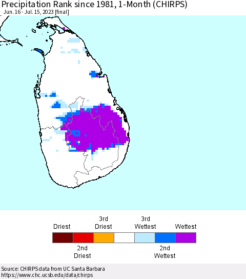 Sri Lanka Precipitation Rank since 1981, 1-Month (CHIRPS) Thematic Map For 6/16/2023 - 7/15/2023