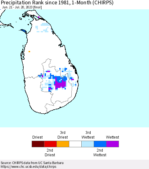 Sri Lanka Precipitation Rank since 1981, 1-Month (CHIRPS) Thematic Map For 6/21/2023 - 7/20/2023