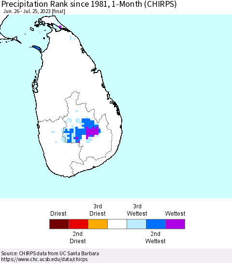 Sri Lanka Precipitation Rank since 1981, 1-Month (CHIRPS) Thematic Map For 6/26/2023 - 7/25/2023