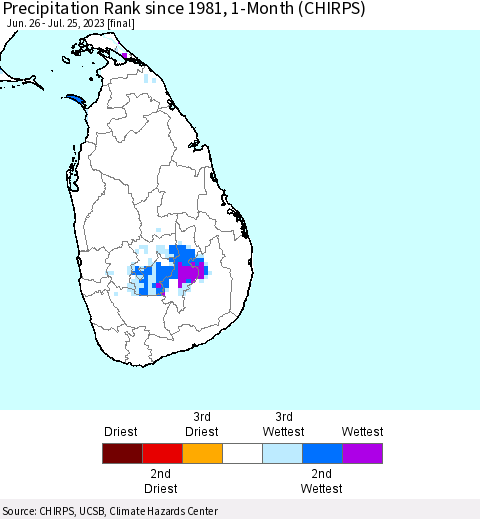 Sri Lanka Precipitation Rank since 1981, 1-Month (CHIRPS) Thematic Map For 6/26/2023 - 7/25/2023