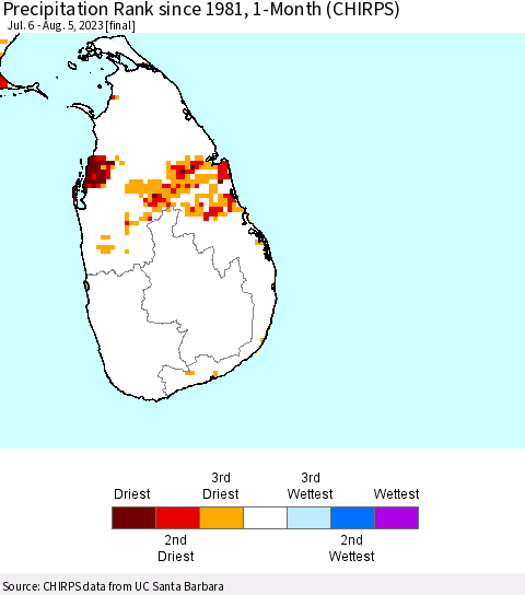 Sri Lanka Precipitation Rank since 1981, 1-Month (CHIRPS) Thematic Map For 7/6/2023 - 8/5/2023