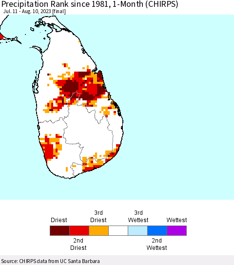Sri Lanka Precipitation Rank since 1981, 1-Month (CHIRPS) Thematic Map For 7/11/2023 - 8/10/2023