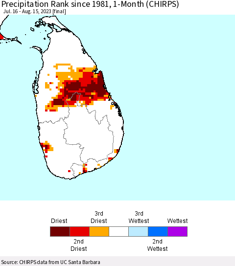 Sri Lanka Precipitation Rank since 1981, 1-Month (CHIRPS) Thematic Map For 7/16/2023 - 8/15/2023