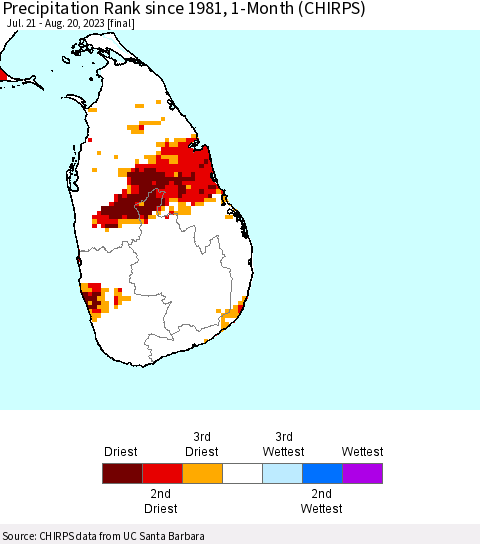 Sri Lanka Precipitation Rank since 1981, 1-Month (CHIRPS) Thematic Map For 7/21/2023 - 8/20/2023