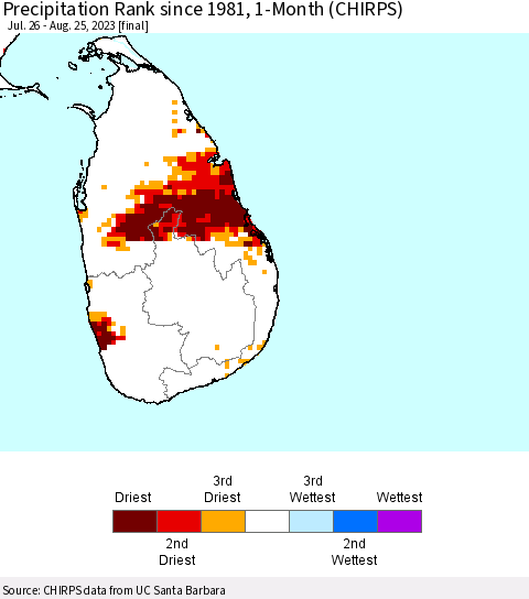 Sri Lanka Precipitation Rank since 1981, 1-Month (CHIRPS) Thematic Map For 7/26/2023 - 8/25/2023
