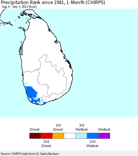 Sri Lanka Precipitation Rank since 1981, 1-Month (CHIRPS) Thematic Map For 8/6/2023 - 9/5/2023