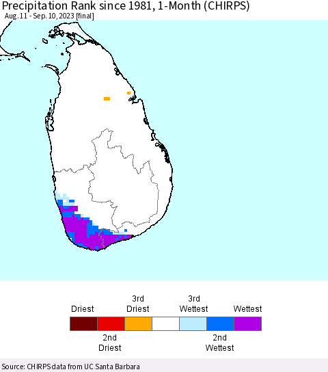 Sri Lanka Precipitation Rank since 1981, 1-Month (CHIRPS) Thematic Map For 8/11/2023 - 9/10/2023