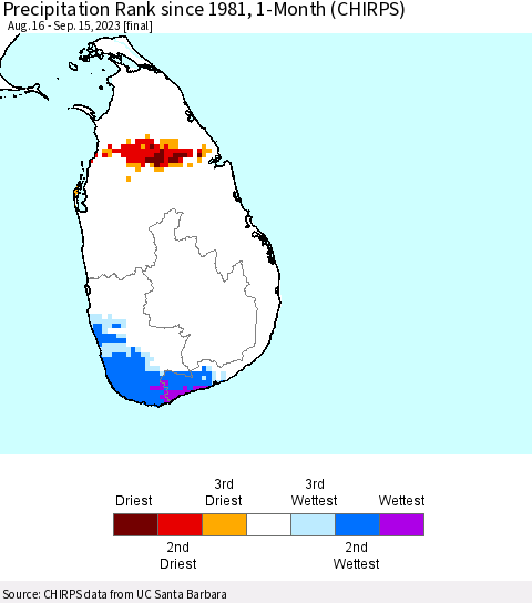 Sri Lanka Precipitation Rank since 1981, 1-Month (CHIRPS) Thematic Map For 8/16/2023 - 9/15/2023