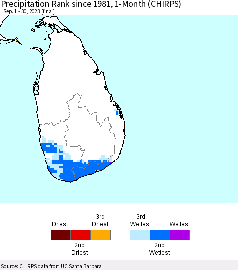 Sri Lanka Precipitation Rank since 1981, 1-Month (CHIRPS) Thematic Map For 9/1/2023 - 9/30/2023