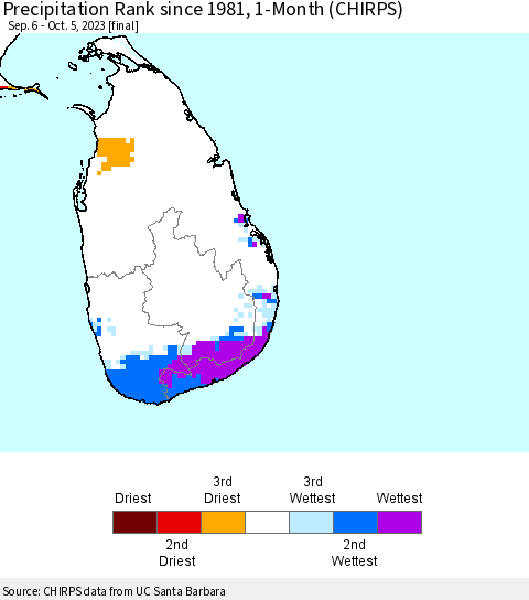 Sri Lanka Precipitation Rank since 1981, 1-Month (CHIRPS) Thematic Map For 9/6/2023 - 10/5/2023