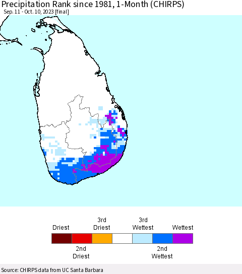 Sri Lanka Precipitation Rank since 1981, 1-Month (CHIRPS) Thematic Map For 9/11/2023 - 10/10/2023