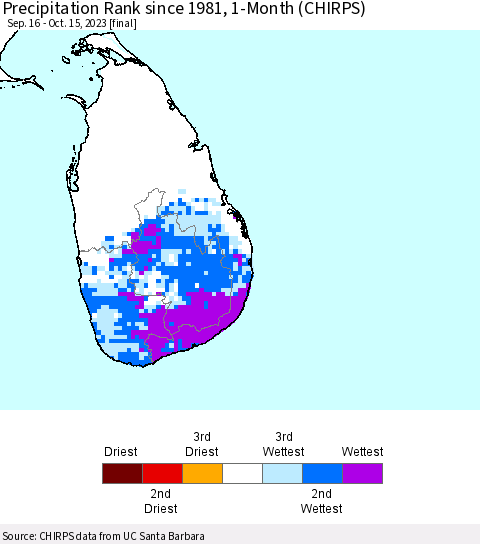 Sri Lanka Precipitation Rank since 1981, 1-Month (CHIRPS) Thematic Map For 9/16/2023 - 10/15/2023