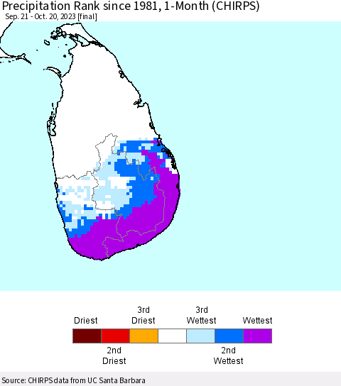 Sri Lanka Precipitation Rank since 1981, 1-Month (CHIRPS) Thematic Map For 9/21/2023 - 10/20/2023