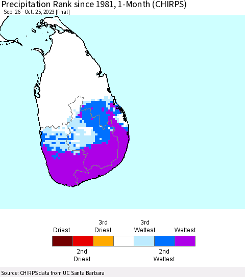 Sri Lanka Precipitation Rank since 1981, 1-Month (CHIRPS) Thematic Map For 9/26/2023 - 10/25/2023