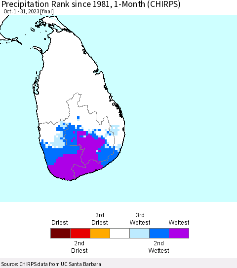 Sri Lanka Precipitation Rank since 1981, 1-Month (CHIRPS) Thematic Map For 10/1/2023 - 10/31/2023