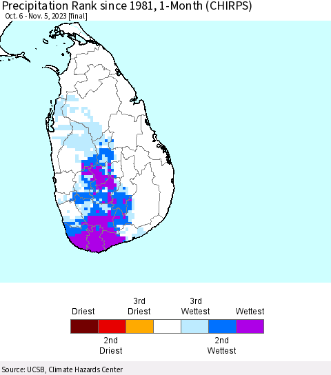 Sri Lanka Precipitation Rank since 1981, 1-Month (CHIRPS) Thematic Map For 10/6/2023 - 11/5/2023