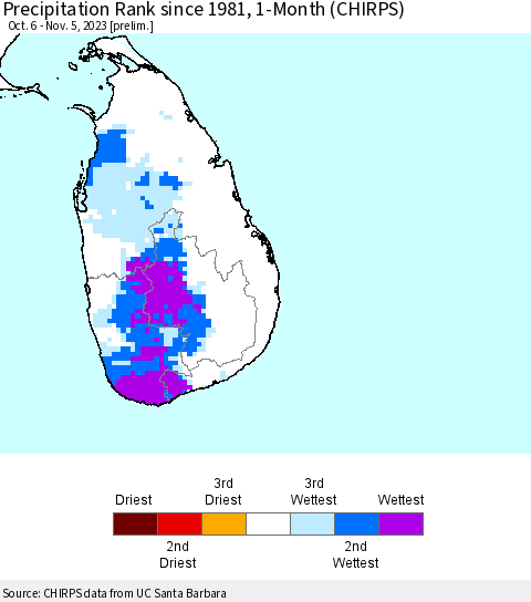 Sri Lanka Precipitation Rank since 1981, 1-Month (CHIRPS) Thematic Map For 10/6/2023 - 11/5/2023