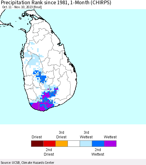 Sri Lanka Precipitation Rank since 1981, 1-Month (CHIRPS) Thematic Map For 10/11/2023 - 11/10/2023