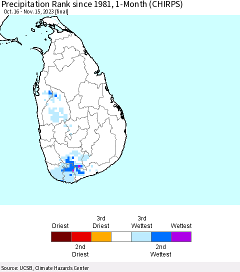Sri Lanka Precipitation Rank since 1981, 1-Month (CHIRPS) Thematic Map For 10/16/2023 - 11/15/2023