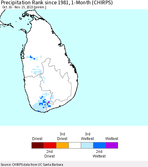 Sri Lanka Precipitation Rank since 1981, 1-Month (CHIRPS) Thematic Map For 10/16/2023 - 11/15/2023