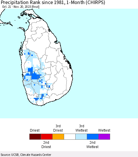 Sri Lanka Precipitation Rank since 1981, 1-Month (CHIRPS) Thematic Map For 10/21/2023 - 11/20/2023