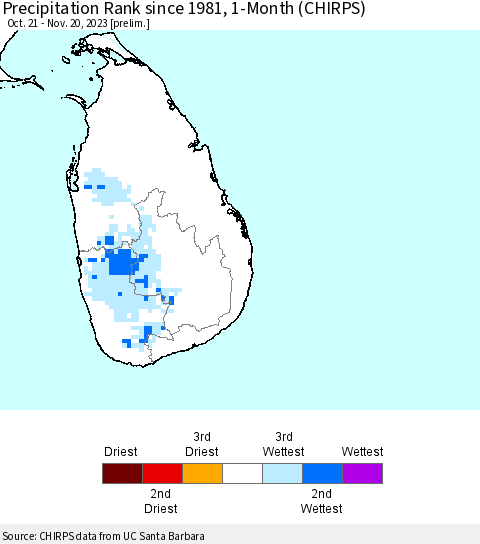 Sri Lanka Precipitation Rank since 1981, 1-Month (CHIRPS) Thematic Map For 10/21/2023 - 11/20/2023