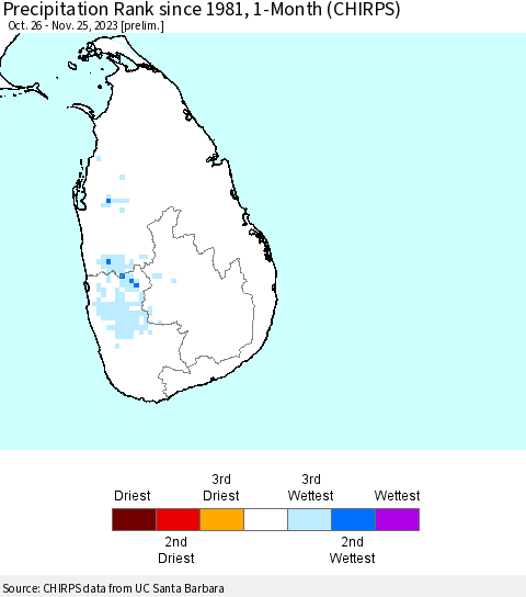 Sri Lanka Precipitation Rank since 1981, 1-Month (CHIRPS) Thematic Map For 10/26/2023 - 11/25/2023