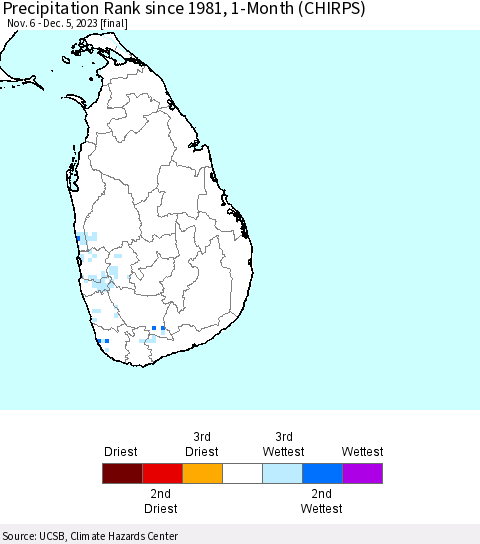 Sri Lanka Precipitation Rank since 1981, 1-Month (CHIRPS) Thematic Map For 11/6/2023 - 12/5/2023