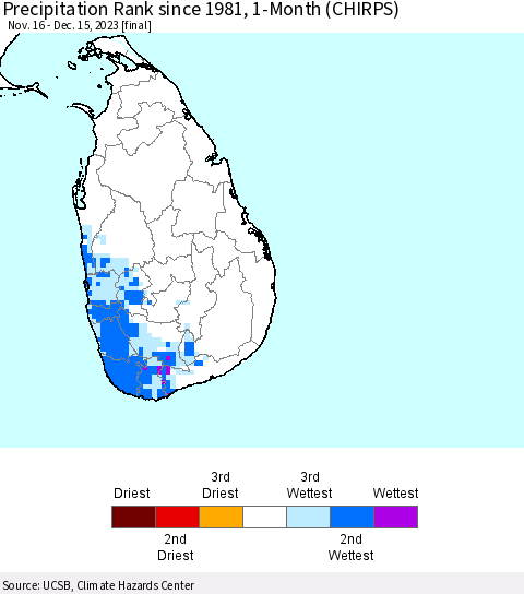 Sri Lanka Precipitation Rank since 1981, 1-Month (CHIRPS) Thematic Map For 11/16/2023 - 12/15/2023