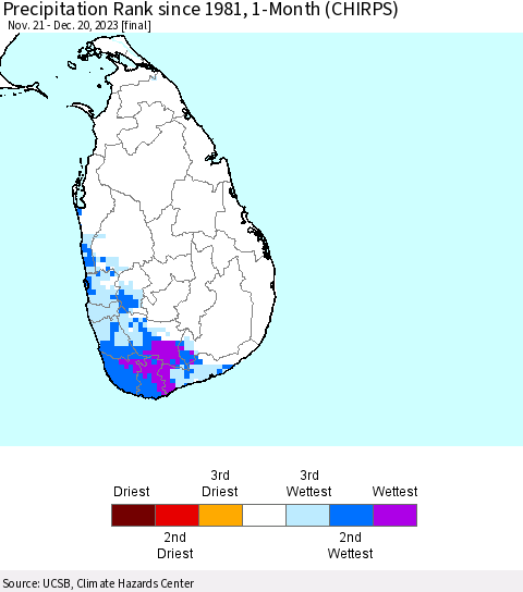 Sri Lanka Precipitation Rank since 1981, 1-Month (CHIRPS) Thematic Map For 11/21/2023 - 12/20/2023