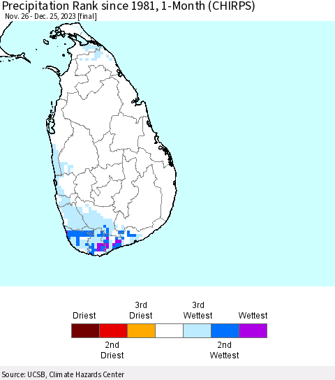 Sri Lanka Precipitation Rank since 1981, 1-Month (CHIRPS) Thematic Map For 11/26/2023 - 12/25/2023