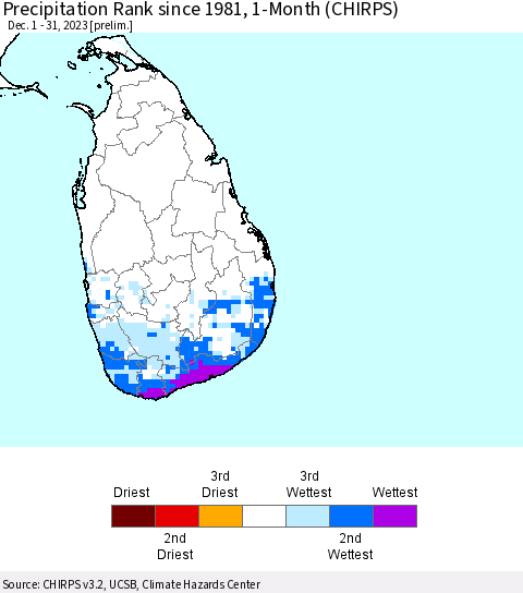 Sri Lanka Precipitation Rank since 1981, 1-Month (CHIRPS) Thematic Map For 12/1/2023 - 12/31/2023