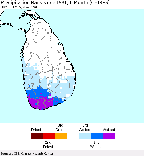 Sri Lanka Precipitation Rank since 1981, 1-Month (CHIRPS) Thematic Map For 12/6/2023 - 1/5/2024