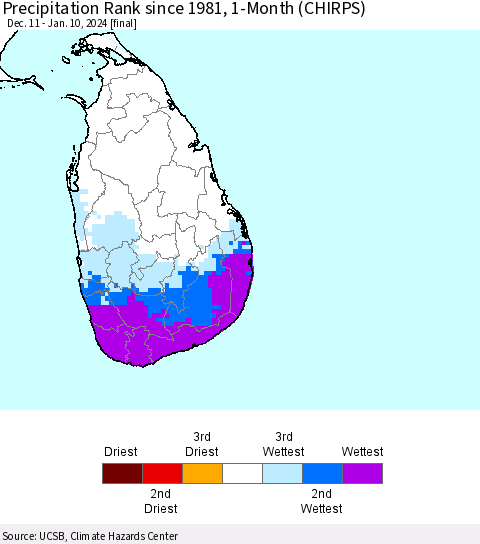 Sri Lanka Precipitation Rank since 1981, 1-Month (CHIRPS) Thematic Map For 12/11/2023 - 1/10/2024