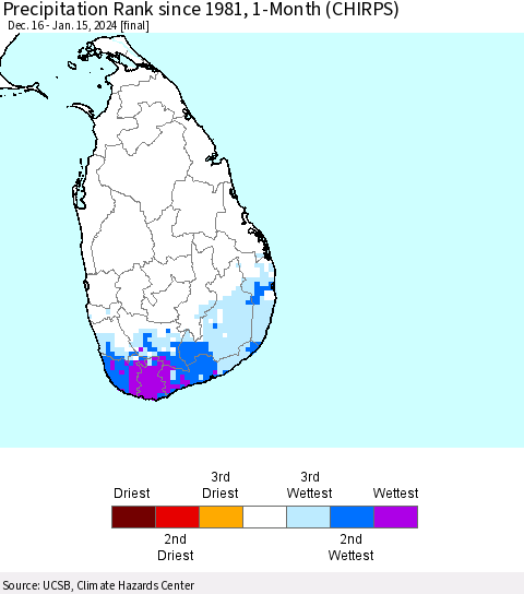 Sri Lanka Precipitation Rank since 1981, 1-Month (CHIRPS) Thematic Map For 12/16/2023 - 1/15/2024