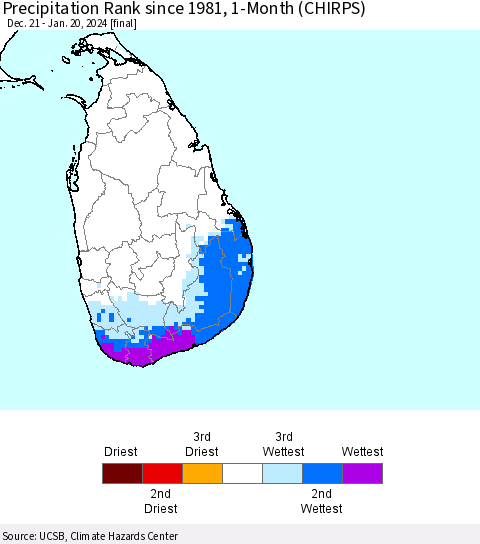 Sri Lanka Precipitation Rank since 1981, 1-Month (CHIRPS) Thematic Map For 12/21/2023 - 1/20/2024