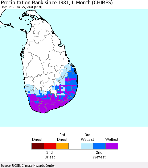 Sri Lanka Precipitation Rank since 1981, 1-Month (CHIRPS) Thematic Map For 12/26/2023 - 1/25/2024