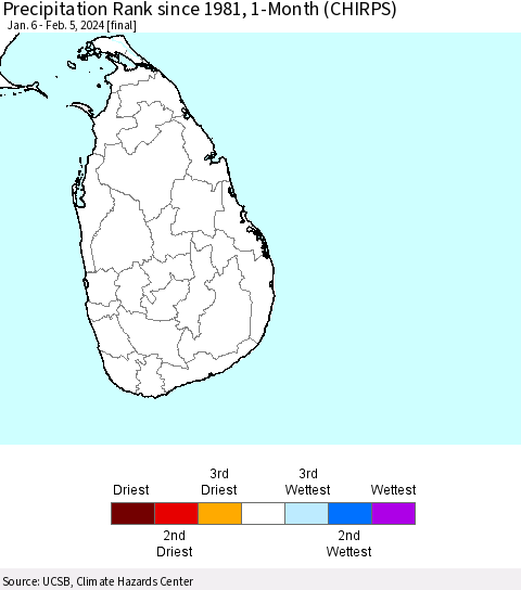 Sri Lanka Precipitation Rank since 1981, 1-Month (CHIRPS) Thematic Map For 1/6/2024 - 2/5/2024