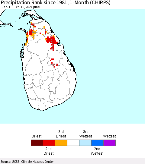 Sri Lanka Precipitation Rank since 1981, 1-Month (CHIRPS) Thematic Map For 1/11/2024 - 2/10/2024