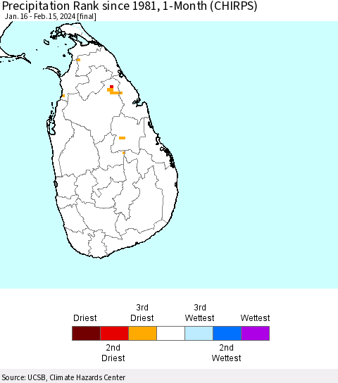 Sri Lanka Precipitation Rank since 1981, 1-Month (CHIRPS) Thematic Map For 1/16/2024 - 2/15/2024