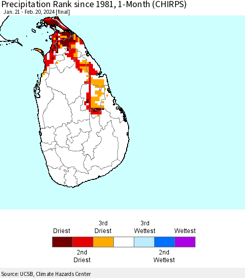 Sri Lanka Precipitation Rank since 1981, 1-Month (CHIRPS) Thematic Map For 1/21/2024 - 2/20/2024