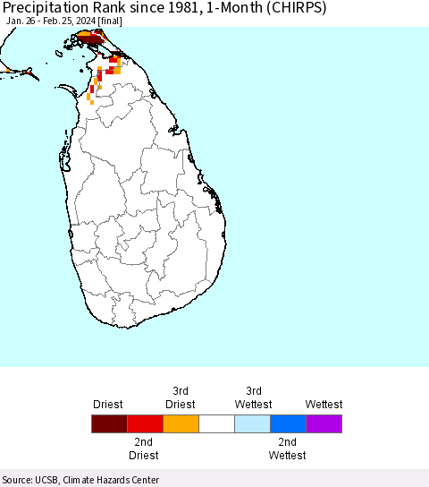 Sri Lanka Precipitation Rank since 1981, 1-Month (CHIRPS) Thematic Map For 1/26/2024 - 2/25/2024