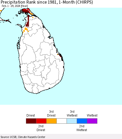 Sri Lanka Precipitation Rank since 1981, 1-Month (CHIRPS) Thematic Map For 2/1/2024 - 2/29/2024