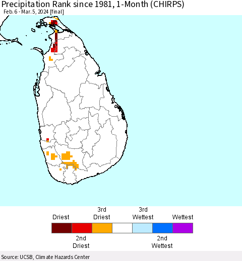 Sri Lanka Precipitation Rank since 1981, 1-Month (CHIRPS) Thematic Map For 2/6/2024 - 3/5/2024