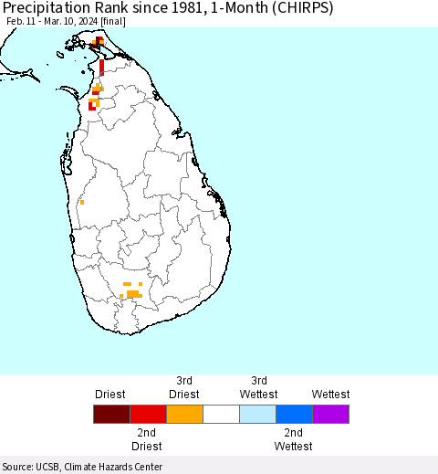 Sri Lanka Precipitation Rank since 1981, 1-Month (CHIRPS) Thematic Map For 2/11/2024 - 3/10/2024
