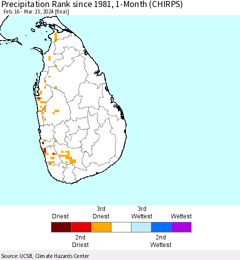 Sri Lanka Precipitation Rank since 1981, 1-Month (CHIRPS) Thematic Map For 2/16/2024 - 3/15/2024