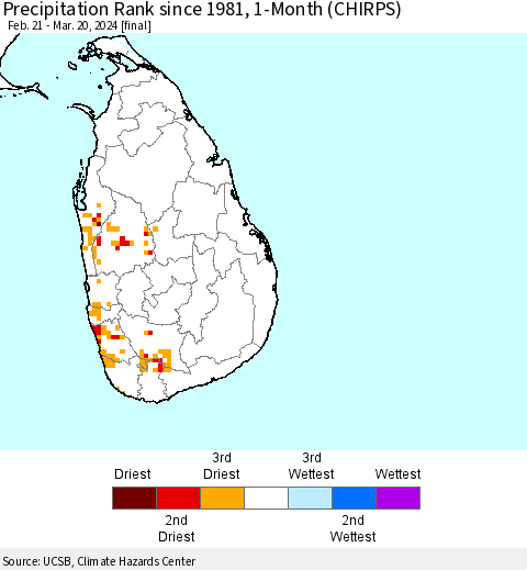 Sri Lanka Precipitation Rank since 1981, 1-Month (CHIRPS) Thematic Map For 2/21/2024 - 3/20/2024