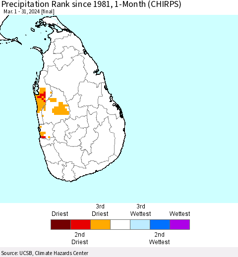 Sri Lanka Precipitation Rank since 1981, 1-Month (CHIRPS) Thematic Map For 3/1/2024 - 3/31/2024