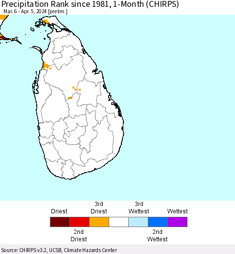 Sri Lanka Precipitation Rank since 1981, 1-Month (CHIRPS) Thematic Map For 3/6/2024 - 4/5/2024